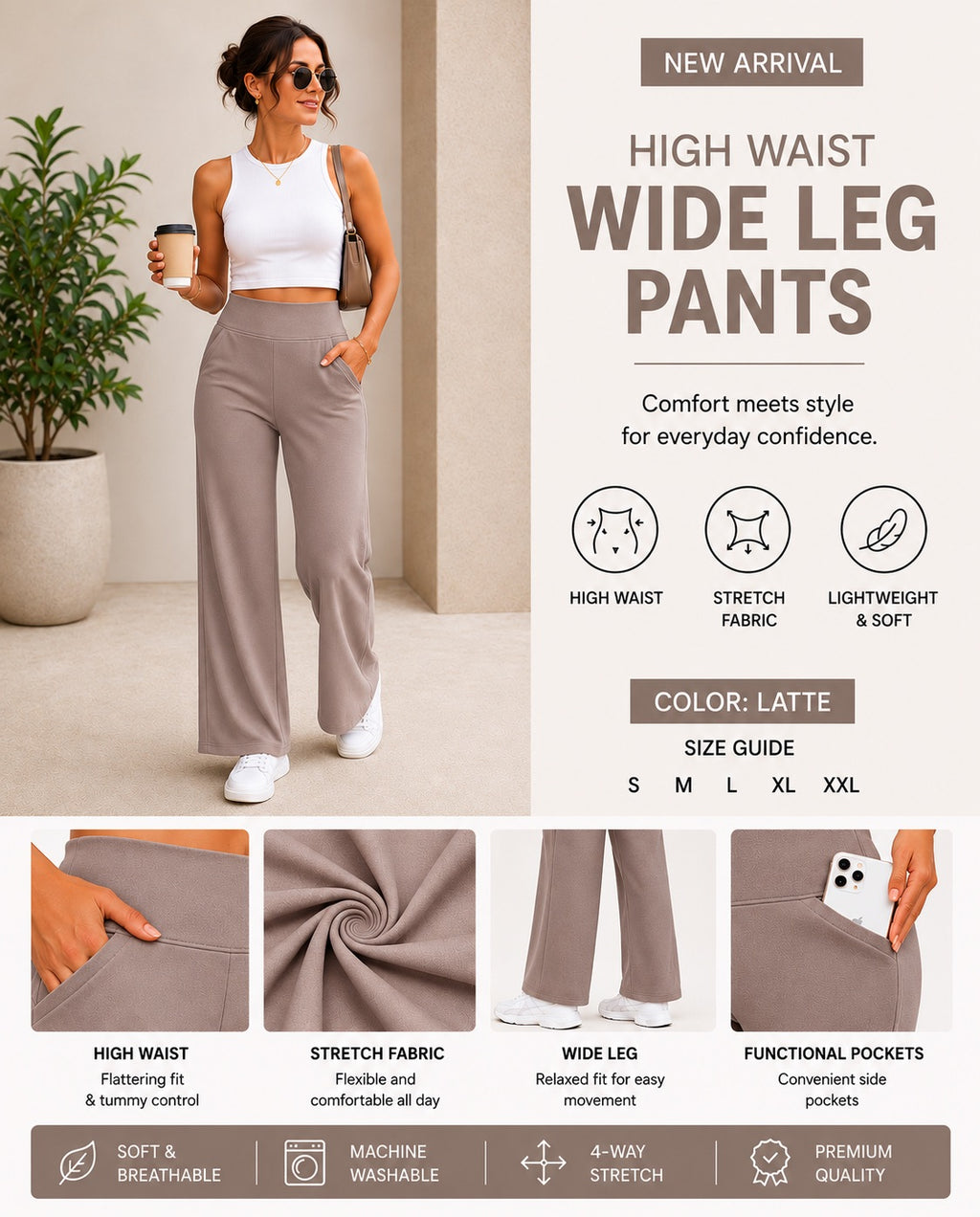 Women’s Wide Leg Lounge Pants, High Waisted Comfy Travel Pants with Pockets