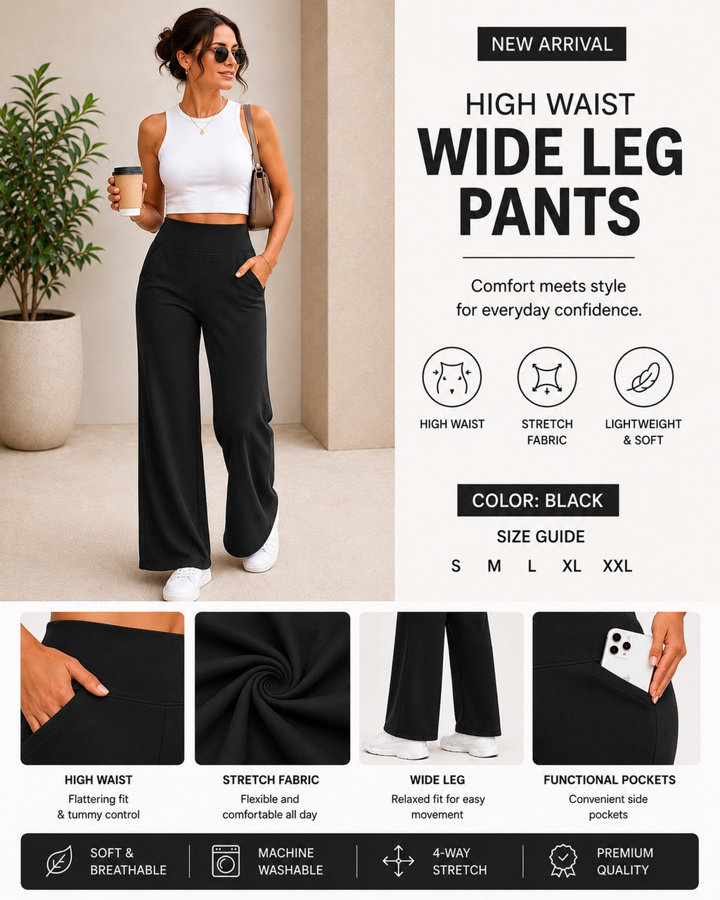 Women’s Wide Leg Lounge Pants, High Waisted Comfy Travel Pants with Pockets