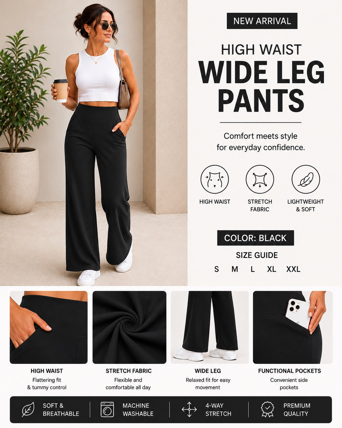 Women’s Wide Leg Lounge Pants, High Waisted Comfy Travel Pants with Pockets