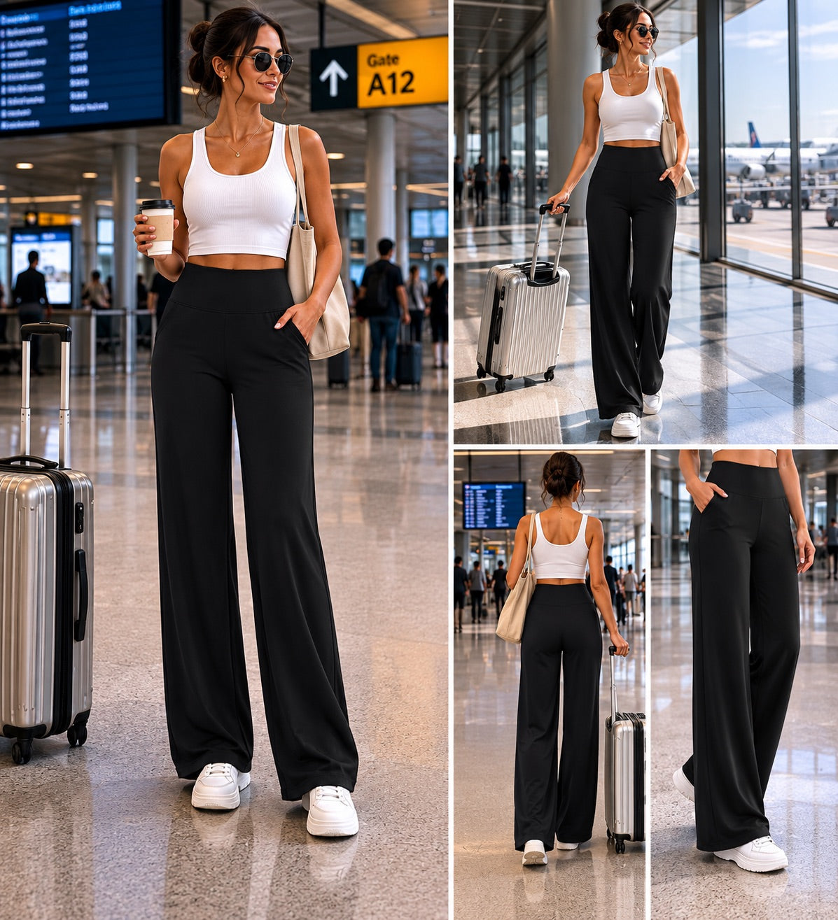 Women’s Wide Leg Lounge Pants, High Waisted Comfy Travel Pants with Pockets