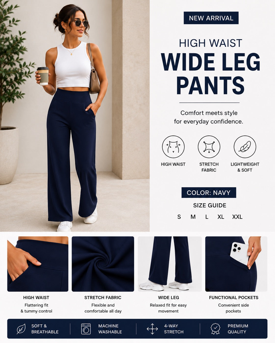 Women’s Wide Leg Lounge Pants, High Waisted Comfy Travel Pants with Pockets